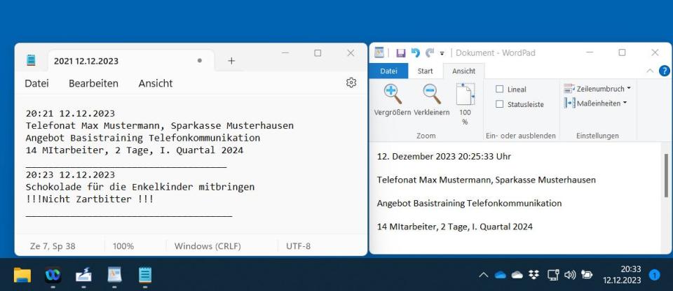 Screenshot MS Editor und WordPad mit Beispieldaten 12.12.2023, Bild GESSER.biz